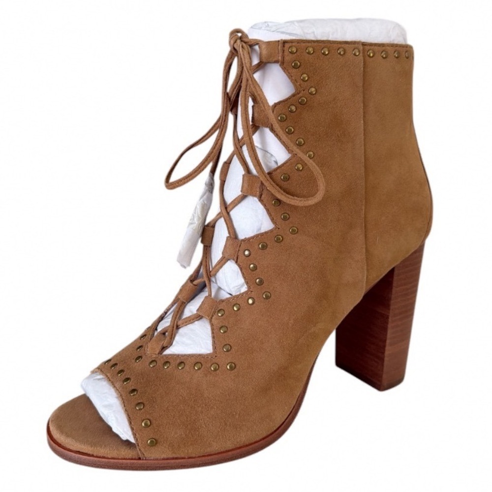Frye Women Sz 10 M Sand Suede‎ Lace Up Peep Toe Studded Block Heel Booties
